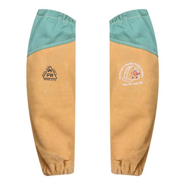 18 in. High Visibility Green/Yellow Leather and FR Cotton Welding Sleeve Hybrid with Secure Closed Elastic