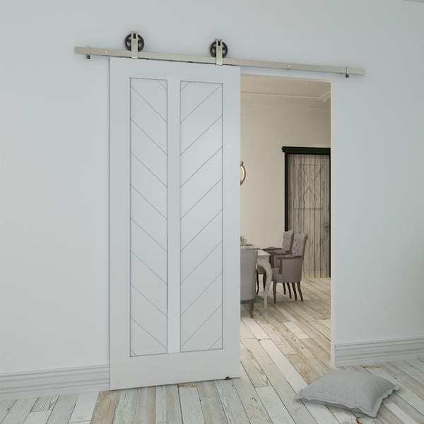 33 in. x 84 in. Chevron MDF Primed White Interior Barn Door Slab