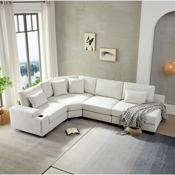 Harper & Bright Designs Stylish 115.4 in. Square Arm Modular Polyester Modern Sectional Sofa in Beige with 4-Pillows and Cup Holder