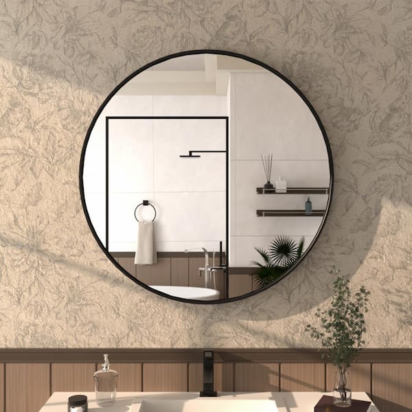 Tanx 32 in. W x 32 in. H Round Framed Wall Bathroom Vanity Mirror in matte Black