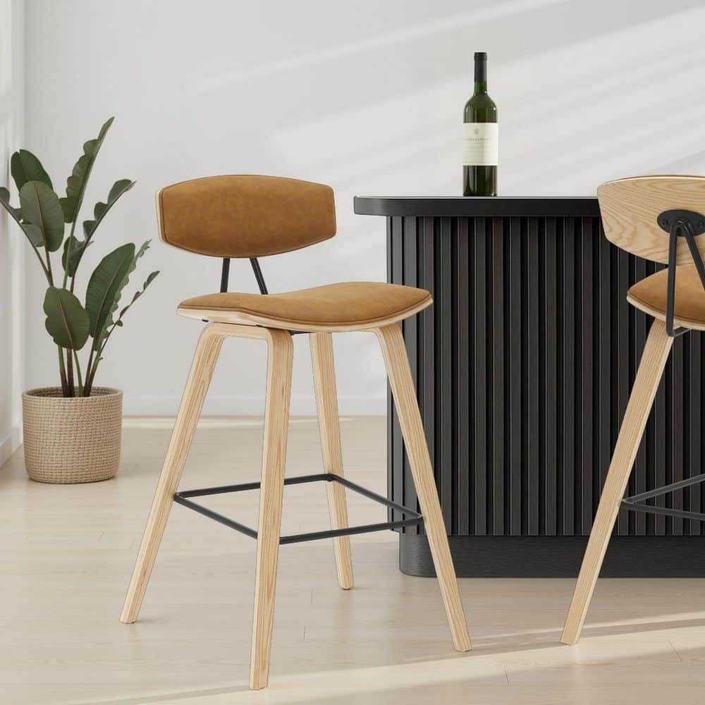 Fox 38 in. H Bar Height Camel Curved Back Wood Bar Stool with Faux Leather Seat Set of 4 price history on PriceWatchPro