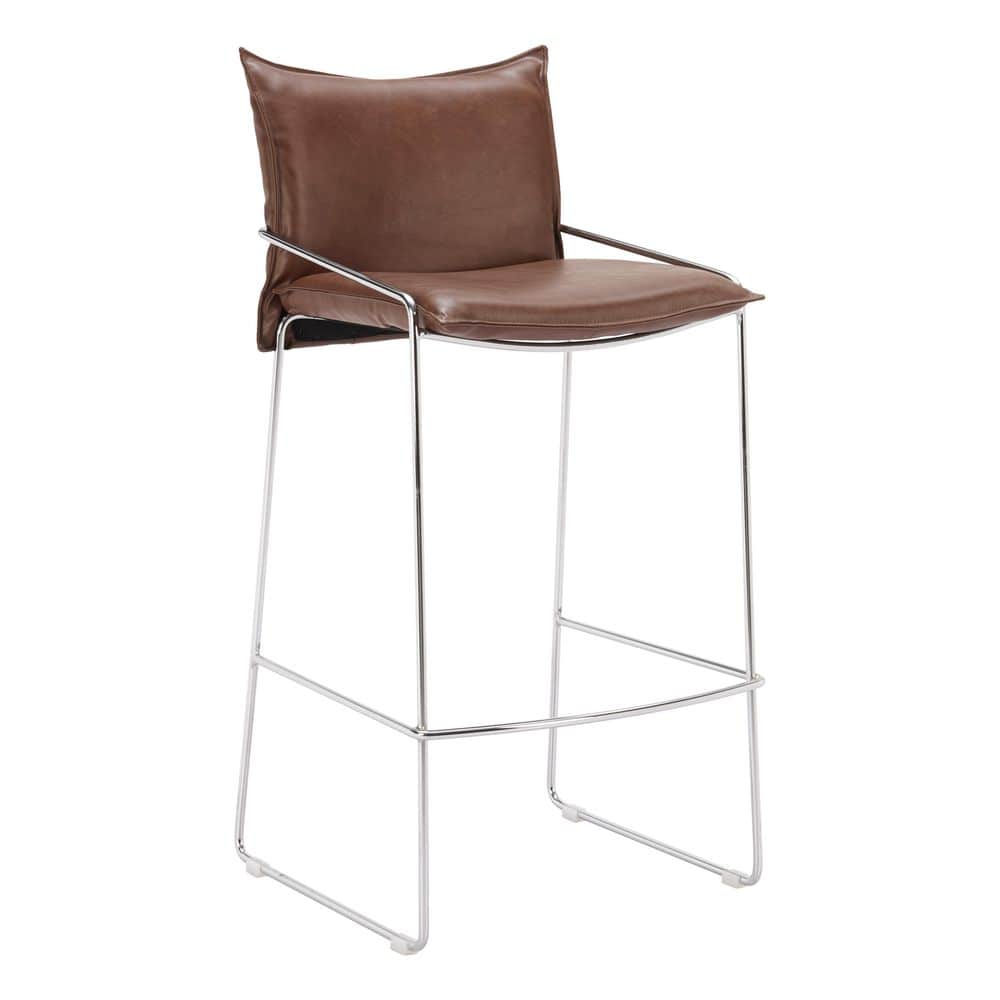 Three-quarter view of a brown faux leather barstool.
