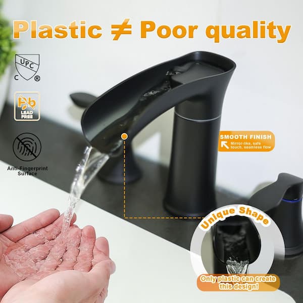 8 in. Widespread Double Handle Waterfall Bathroom Faucet with Pop-Up Drain Included in Matte Black