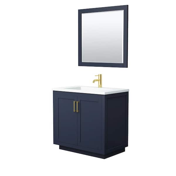 Wyndham Collection Miranda 36 in. W Single Bath Vanity in Dark Blue with Solid Surface Vanity Top in White with White Basin and Mirror