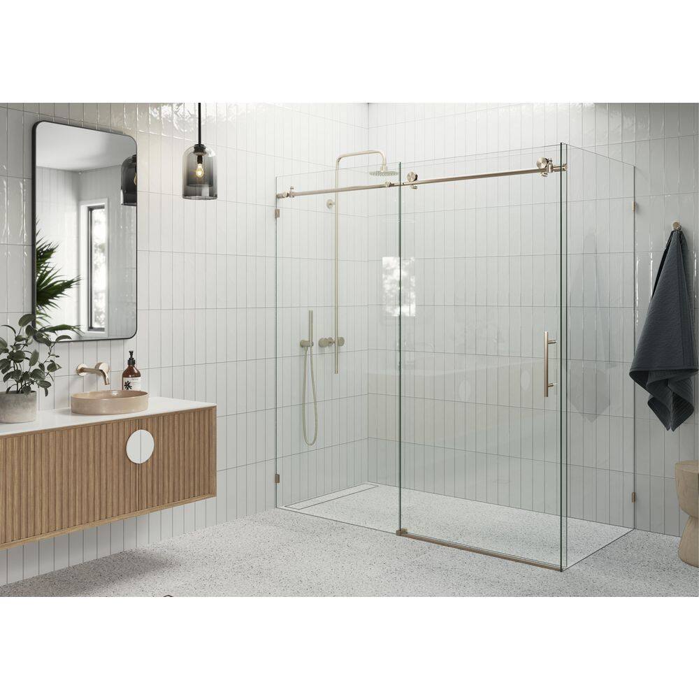 Nova 68 in. W x 78 in. H Rectangular Sliding Frameless Corner Shower Enclosure in Brushed Bronze with Clear Glass price history on PriceWatchPro