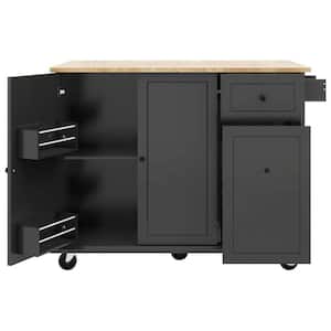 Black Wood 53.9 in. Kitchen Island with Internal Storage Rack and 3-Tier Pull Out Cabinet Organizer, Towel Rack