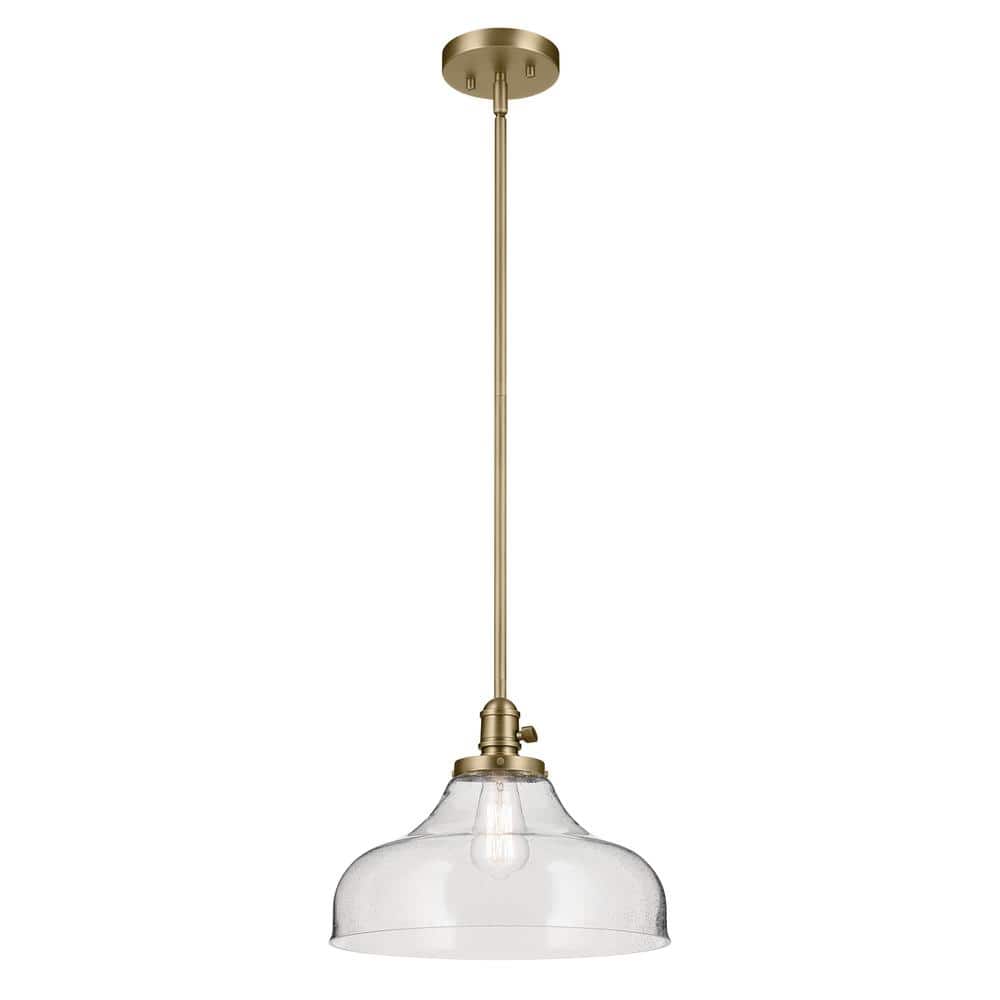 KICHLER Avery 14.5 in. 1-Light Natural Brass Vintage Industrial Shaded Bell Kitchen Hanging Pendant Light with Seeded Glass