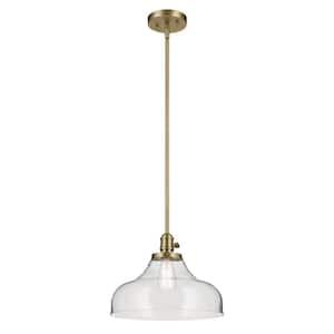 Avery 14.5 in. 1-Light Natural Brass Vintage Industrial Shaded Bell Kitchen Hanging Pendant Light with Seeded Glass