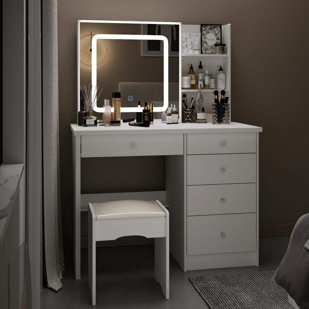 5-Drawers White Wood Makeup Vanity Sets Dressing Table Sets With LED Push-Pull Mirror, Stool and Storage Shelves - thumbnail 10