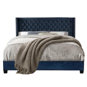 SIDA Blue Velvet Upholstered Tufting Frame Queen Platform Bed with Wingback Headboard/No Box Spring Needed