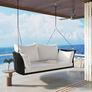 51.9 in. Black Frame 2-Person Wicker Porch Swing with Ropes, Wicker and White Cushion