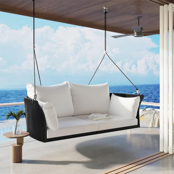 51.9 in. Black Frame 2-Person Wicker Porch Swing with Ropes, Wicker and White Cushion
