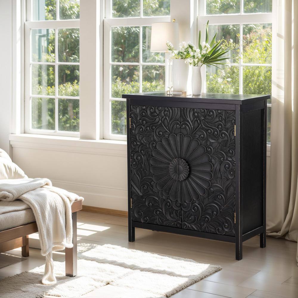 PHI VILLA 36.4 in. Floral Black Accent Storage Cabinet with 2-Door THD ...