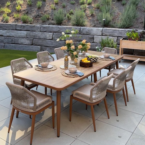 9-Piece Aluminum Outdoor Dining Set Teak Patio Furniture Set Wicker Table and Chairs with Cushions