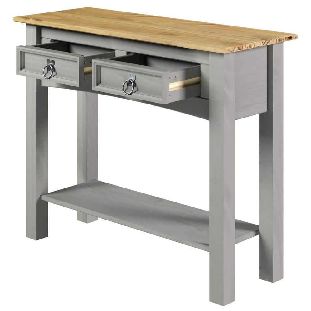 Gray and Antique Brown Solid Pine Console Table with Storage