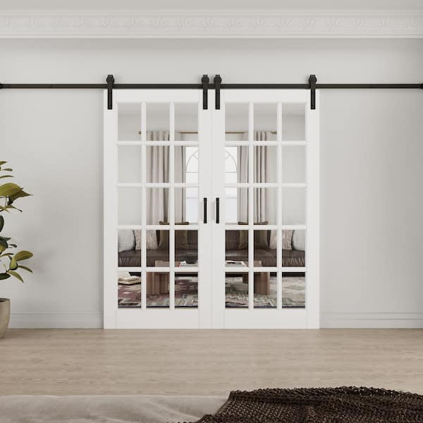 72 in. x 80 in. 15 Lite Tempered Clear Glass White Primed MDF Composite Sliding Barn Door with Hardware Kit