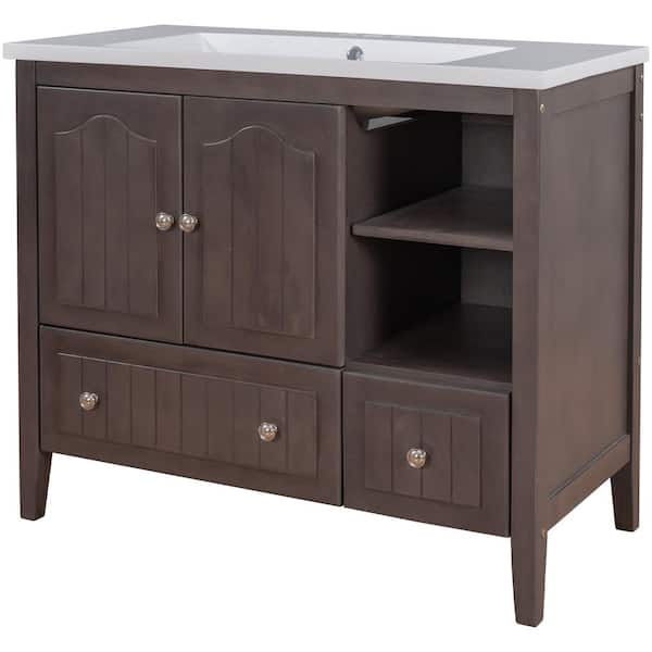 Unbranded Solid Wood 36 in. W x 18.03 in. D x 32.13 in. H Freestanding Bath Vanity with Ceramic Top in Brown