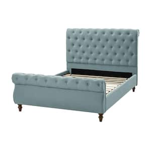 Elaine Blue Upholstered Traditional Lighted Sleigh Queen Platform Bed with Sturdy Frame and Headboard