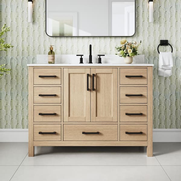 48 in. Freestanding Oak Solid Wood Bath Vanity with Durable Carrara White Cultured Marble Top, Soft-Close, Assembled