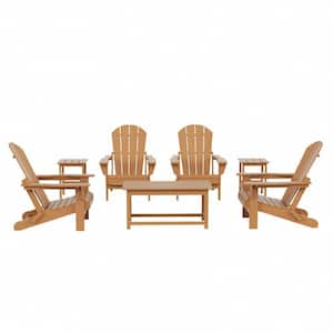 Laguna 7-Piece Fade Resistant Outdoor Patio HDPE Poly Plastic Folding Adirondack Chair Conversation Set in Teak