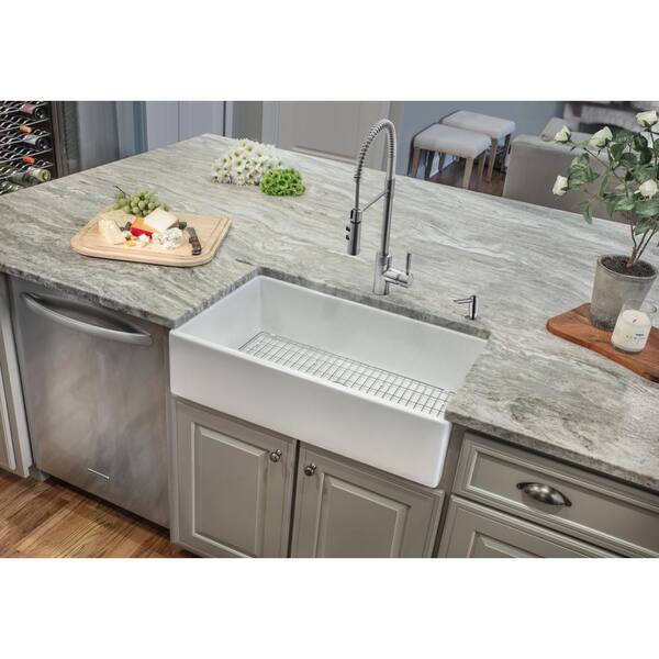 Ipt Sink Company Fireclay 33 In Single Bowl Apron Front Farmhouse Kitchen Sink With Grid And Drain Assembly Iptfc33pln8p The Home Depot