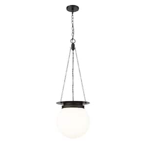 Calhoun 13 in. 1-Light Matte Black Pendant Light with White Opal Glass Shade with No Bulbs included