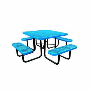 46 in. Blue Square Outdoor Steel Picnic Table with Umbrella Pole