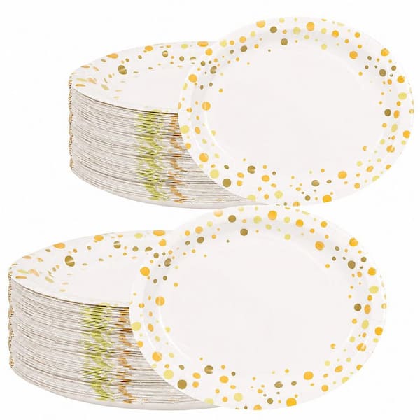 50-Pack Large Gold Dot on White Oval Disposable Paper Dinner Plates 11.8 x 9.4 in. for Parties and Events