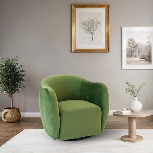 Areta Green Velvet Upholstered Mid Century Modern Comfy Swivel Barrel Armchair