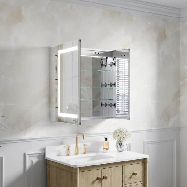 30 in. W x 30 in. H Rectangular Silver Recessed/Surface Mount LED Medicine Cabinet with Mirror Defogger,Double Doors
