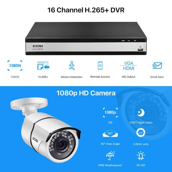 Support 120ft Night Vision Motion Detection Remote Access ZOSI 16CH H.265+ Security Cameras System 16CH 1080P Surveillance DVR with 2TB HDD Built-in and 4 Bullet Weatherproof Security Cameras 