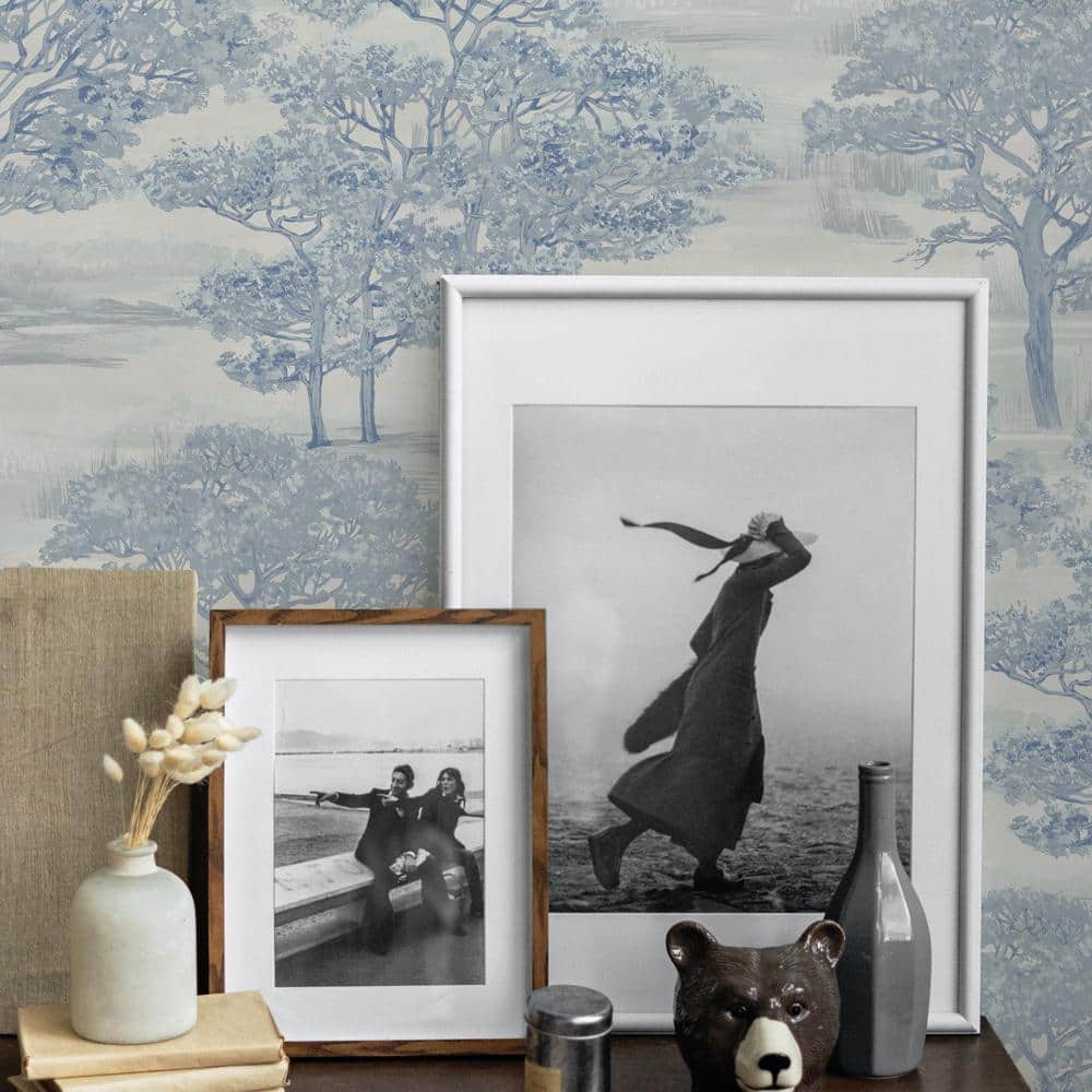 Ice Blue Vinyl Forest Toile Peel and Stick Wallpaper Roll
