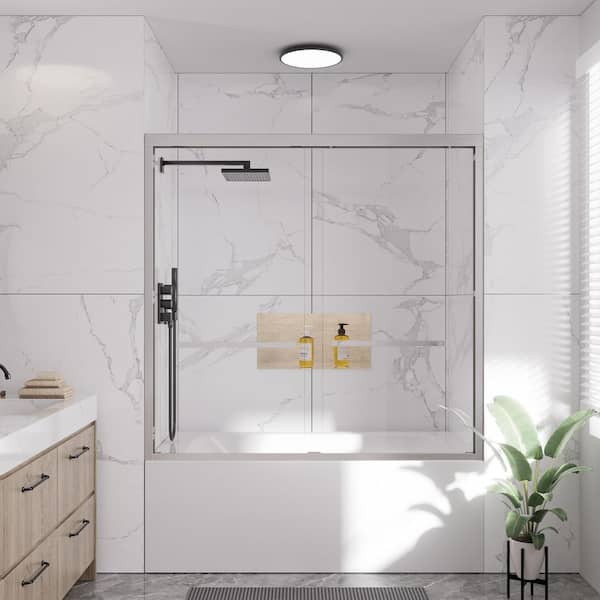 56-60 in. W x 58 in. H Double Sliding Framed Tub Door in Brushed Nickel with Tempered Clear Glass