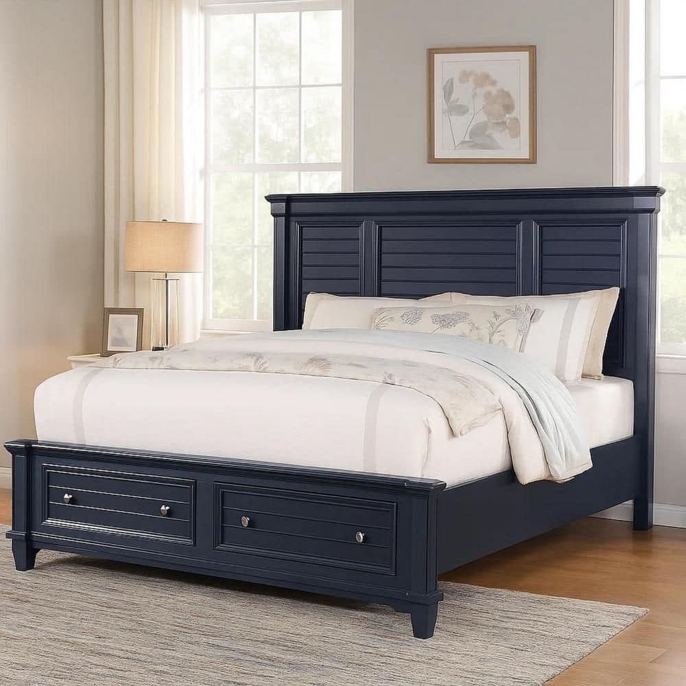 Benjara Zeny Slate Blue and Nickel Wood Frame Queen Panel Bed with