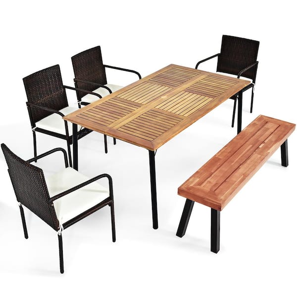 null 6-Piece Rattan Rectangular Outdoor Dining Set with White Cushions