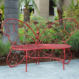 61 in. x 26 in. Outdoor 2 Person Metal Butterfly Shaped Garden Bench, Red