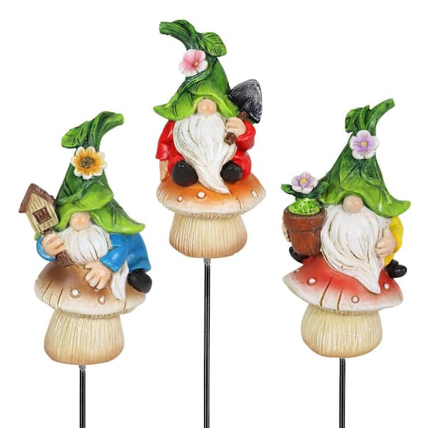 Exhart Leaf Hat Gnomes Sitting on Mushrooms 0.75 ft. Multi-Color Resin Plant Stakes (3-Pack)
