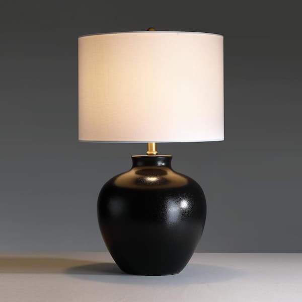 23 in. 3-Way Black Ceramic Table Lamp with Drum Shade