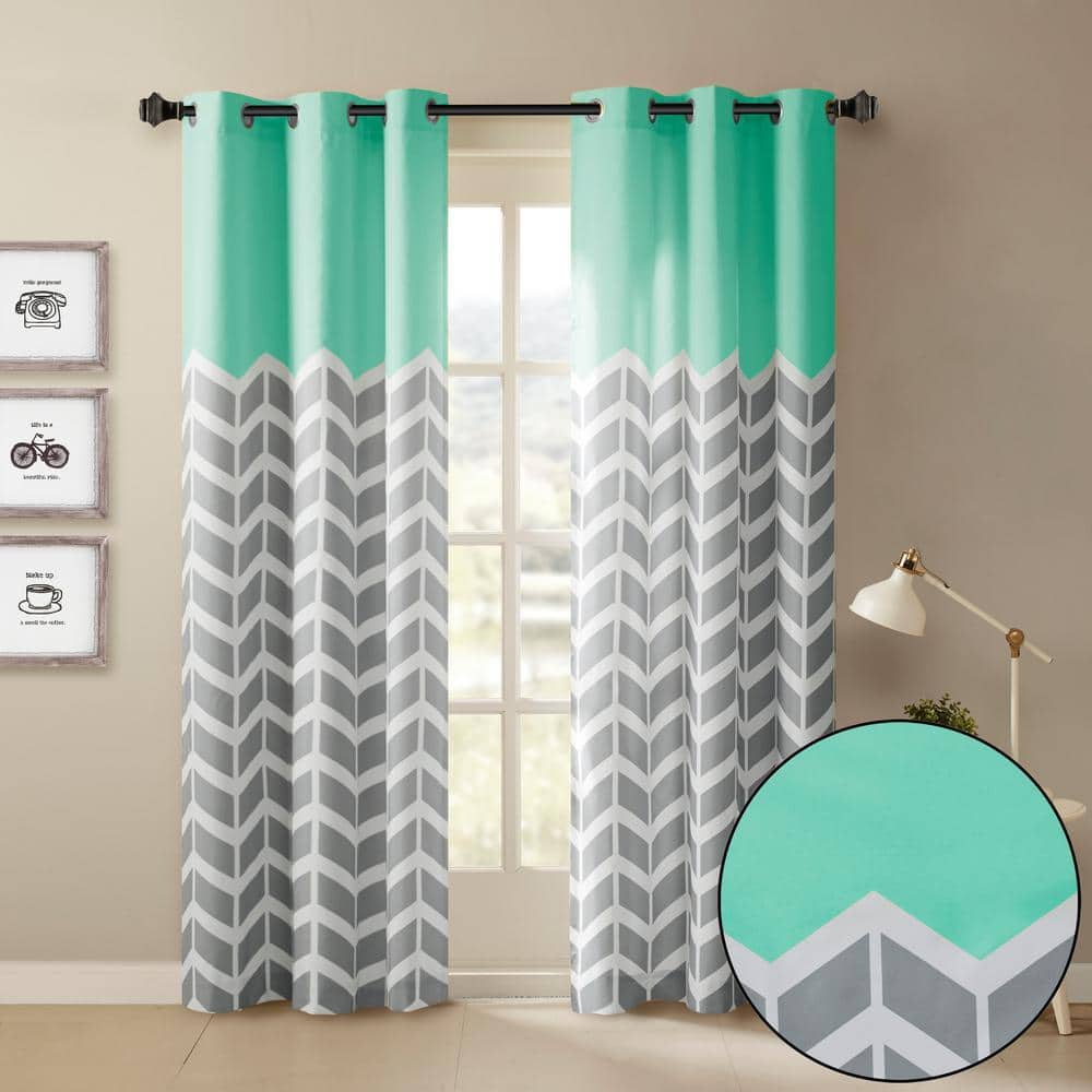 Aqua and Gray Chevron Room-Darkening Grommet Curtain Panel Pair