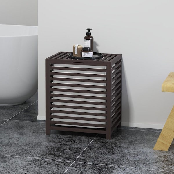 Dark Brown 14 in. x 24 in. Bamboo Decorative Basket Laundry Hamper with Lid Removable Liner Bag, Bathroom Storage Hamper