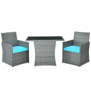 3-Piece Patio Rattan Wicker Outdoor Bistro Set Dining Table Set with Turquoise Cushions