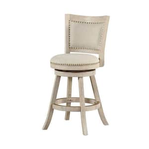 37.5 in. H Ivory Driftwood Wire-Brush Curved Back Wooden Swivel Counter Stool with Nailhead Trim