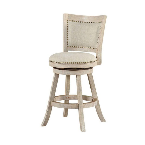 Benjara 37.5 in. H Ivory Driftwood Wire-Brush Curved Back Wooden Swivel Counter Stool with Nailhead Trim