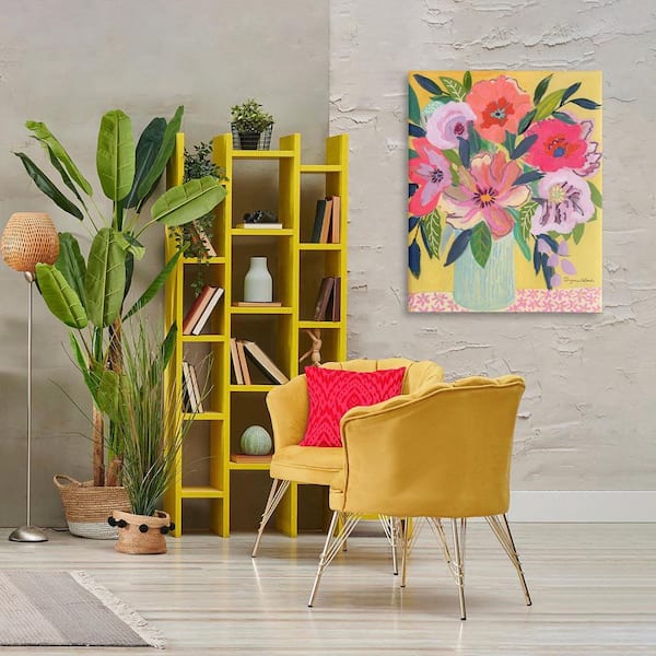 Vibrant Pink Bouquet on Yellow by Suzanne Allard Unframed Nature Graphic Art Print 40 in. x 30 in.