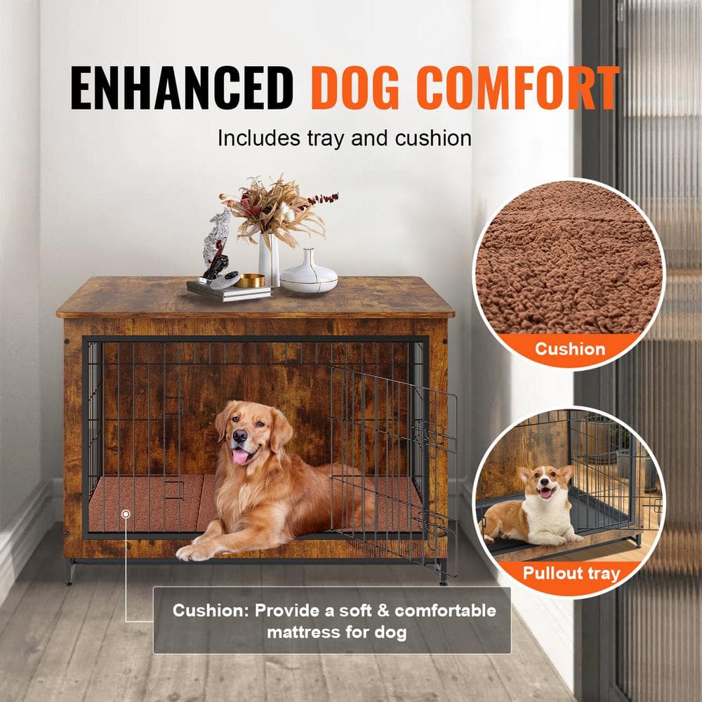 Rustic Brown Rolling Wooden Pet Crate Table