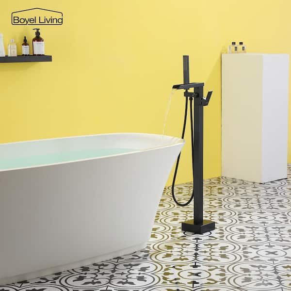 Freestanding Floor Mount Single Handle Waterfall Tub Filler Faucet with Handheld Shower in Matte Black