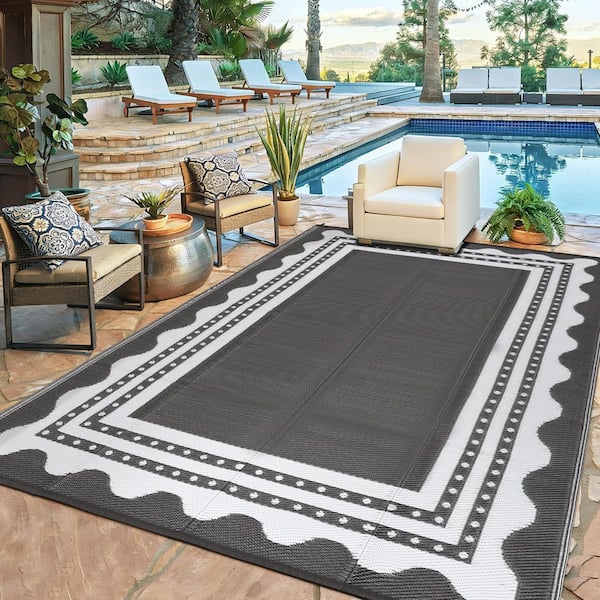 Grey and White 8 X 10 ft. Plastic Waterproof Indoor and Outdoor Area Rug, for Camping, Porch, Deck, Backyard, Picnic