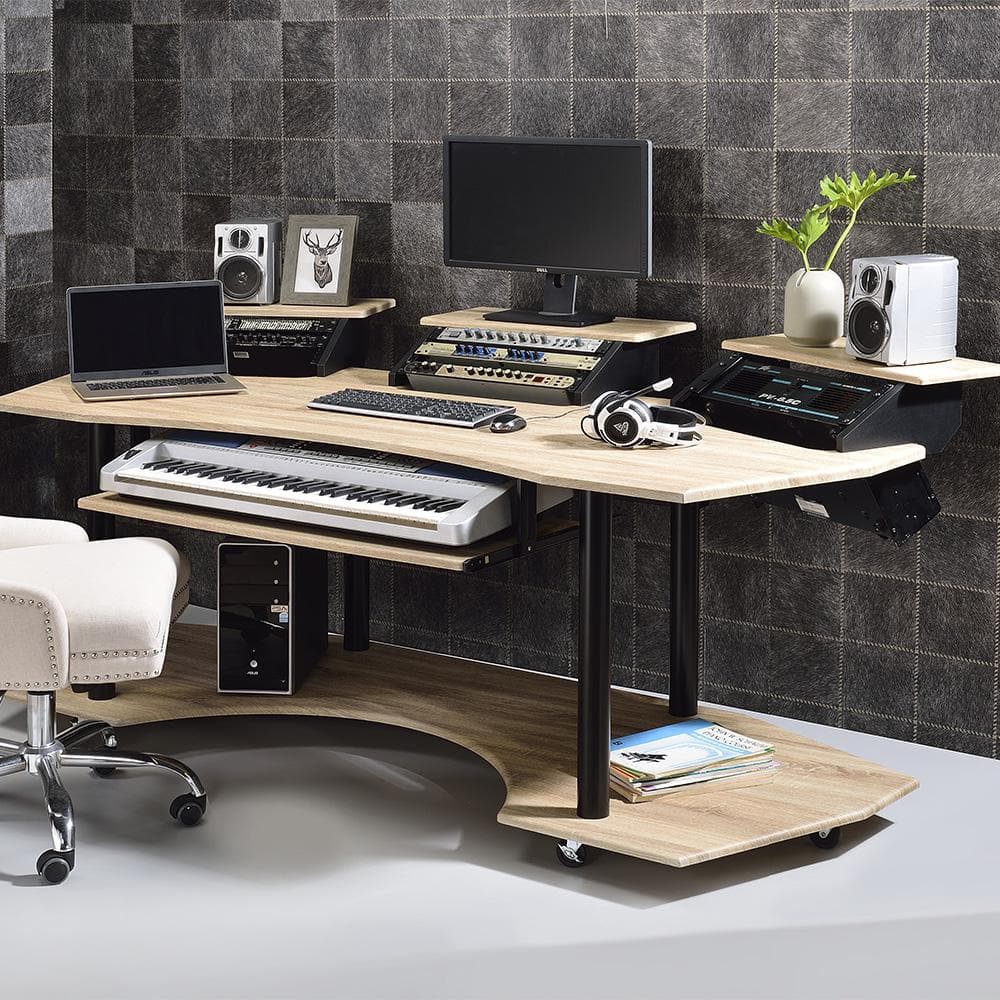 Natural Oak Studio Desk with Keyboard Tray and Hutch