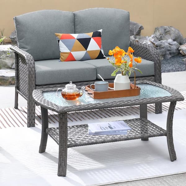 weaxty W Hyacinth Gray 2-Piece Wicker Patio Outdoor Conversation Loveseat Set with a Coffee Table and Dark Gray Cushions