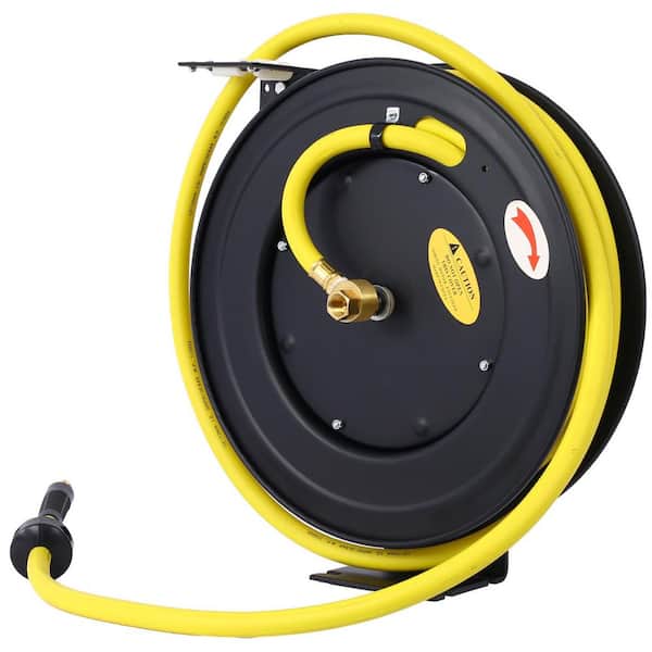 Retractable Air Hose Reel, 1/2 in. x 50 ft. Auto Rewind Heavy‑Duty Steel Reel, Industrial Grade Rubber Air Hose